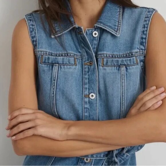 Alex Mill Adeline Shirt Denim Dress Blue Buttons Sleeveless Collared Neck XL - Picture 5 of 16